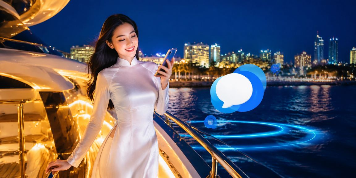 Người phụ nữ mặc áo dài tại Phan Thiết sử dụng điện thoại di động để tra kết quả xổ số và đặt lô đề
